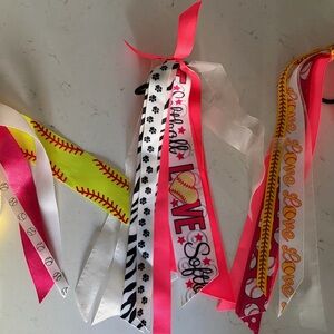 Softball Themed Hair bow Streamer Set - Pink, White, Yellow, Black- Set of 3